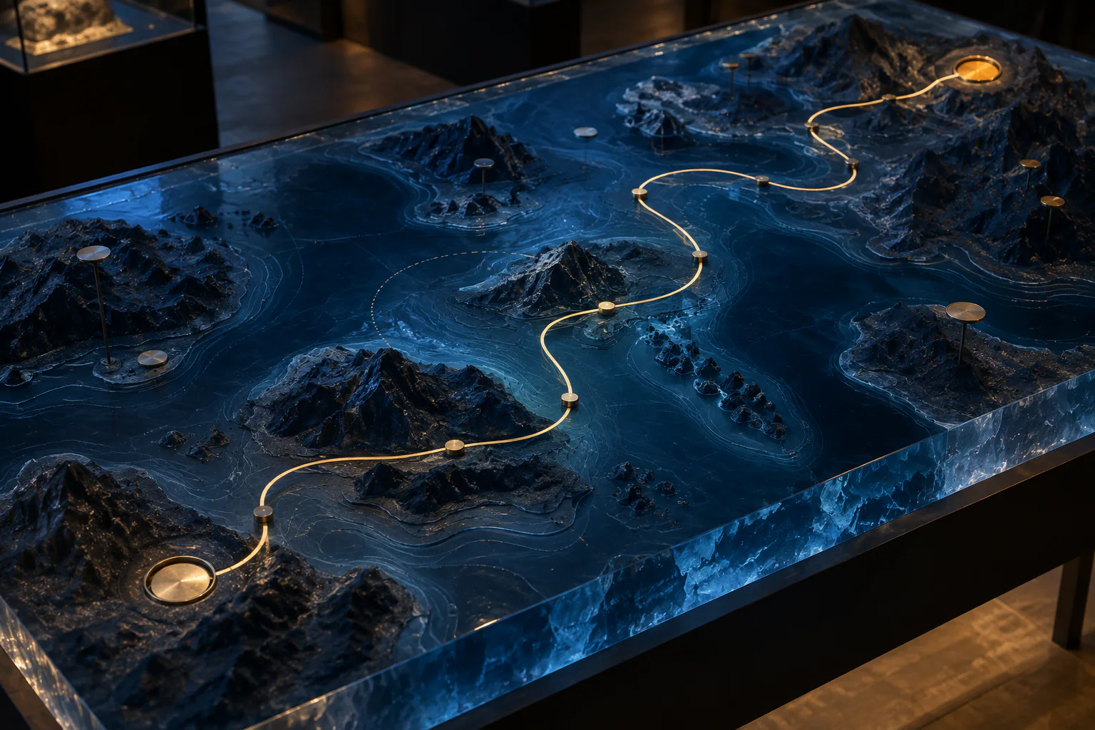 A handcrafted dark blue relief map crossed by a brass route